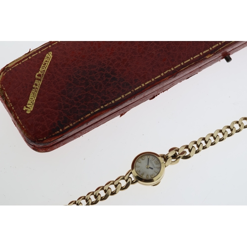 12 - 9CT VINTAGE JAEGER LE COULTRE LADIES COCKTAIL WATCH WITH BOX, circular cream dial with baton and ara... 