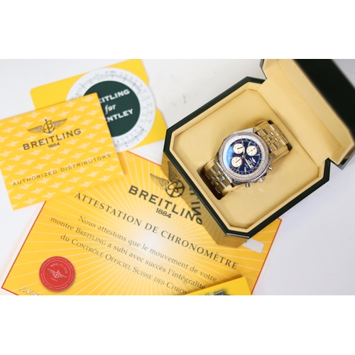 16 - BREITLING FOR BENTLEY REFERENCE A13362 WITH BOX, circular navy blue dial with baton hour markers, th... 