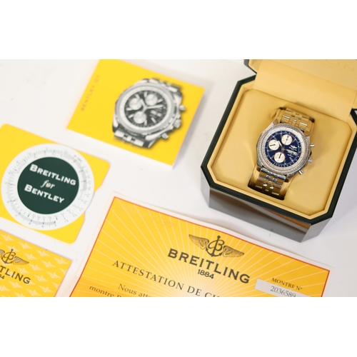 16 - BREITLING FOR BENTLEY REFERENCE A13362 WITH BOX, circular navy blue dial with baton hour markers, th... 