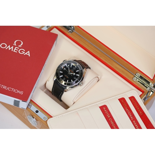 20 - OMEGA SEAMASTER PLANET OCEAN 43.5 BOX AND PAPERS 2018, circular gloss black ceramic dial with applie... 