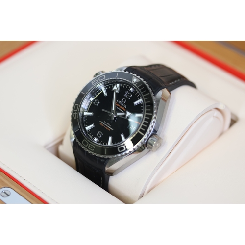 20 - OMEGA SEAMASTER PLANET OCEAN 43.5 BOX AND PAPERS 2018, circular gloss black ceramic dial with applie... 