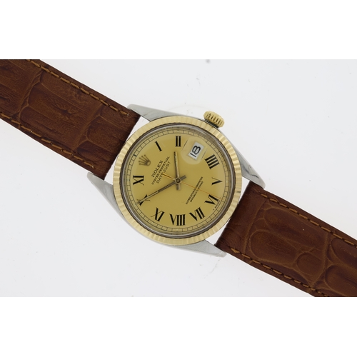 22 - ROLEX DATEJUST 36 BLUCKLEY DIAL REFERENCE 1603 CIRCA 1977, circular champagne 'Buckley' dial with ro... 