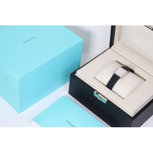 36 - 18CT LADIES TIFFANY & CO ATLAS DIAMOND SET WITH BOX, square silver dial with applied roman numeral h... 