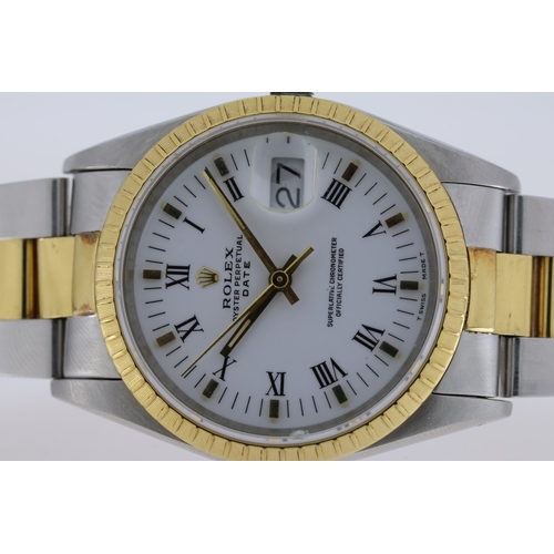 44 - ROLEX OYSTER PERPETUAL DATE BI COLOUR REFERENCE 15223 CIRCA 1991, white dial with Roman numerals, mi... 