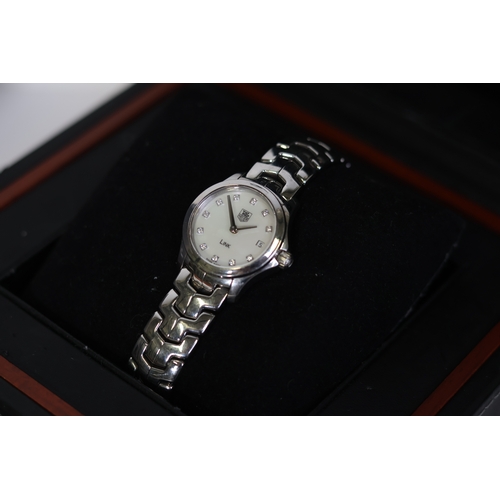 49 - LADIES TAG HEUER LINK, MOP, DIAMOND SET. QUARTZ WATCH REFERENCE WJF1414 W/BOX AND PAPERS 2009, Appro... 