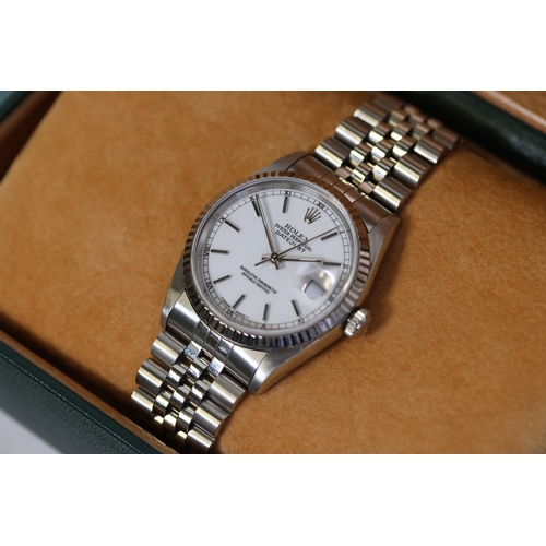 8 - ROLEX DATEJUST 36 REFERENCE 16234 BOX AND PAPERS FULL SET 1995, circular gloss white dial with baton... 