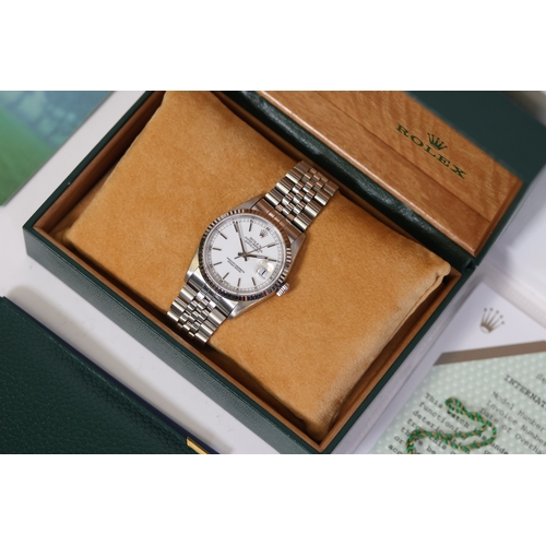 8 - ROLEX DATEJUST 36 REFERENCE 16234 BOX AND PAPERS FULL SET 1995, circular gloss white dial with baton... 