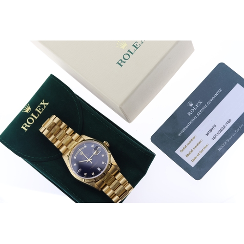 53 - 18CT ROLEX DAY DATE DEGRADE BARK FINISH REFERENCE 18078 WITH RECENT ROLEX SERVICE, circular navy blu... 
