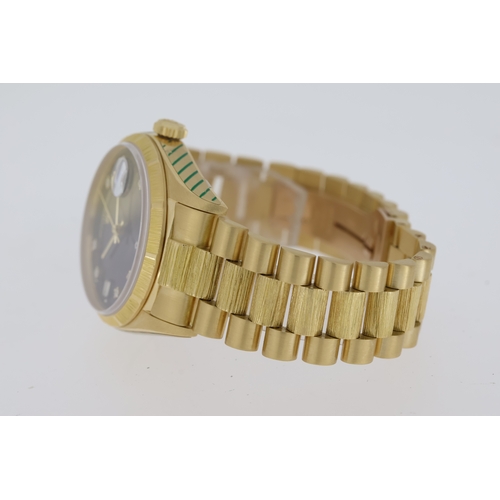 53 - 18CT ROLEX DAY DATE DEGRADE BARK FINISH REFERENCE 18078 WITH RECENT ROLEX SERVICE, circular navy blu... 
