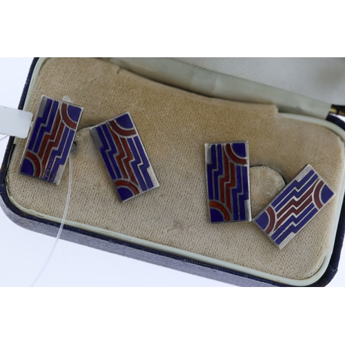 1007 - Silver rectangular red and blue enamel  chainlink cufflinks.