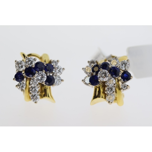 1008 - 18ct yellow gold blue gem stone and diamond earrings.  Round brilliant diamonds totaling approx 0.90... 