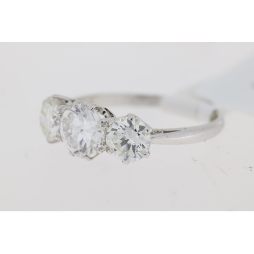 1023 - 1.90ct Diamond Three Stone Ring, Platinum three stone diamond ring. 3 claw set round brilliant cut d... 