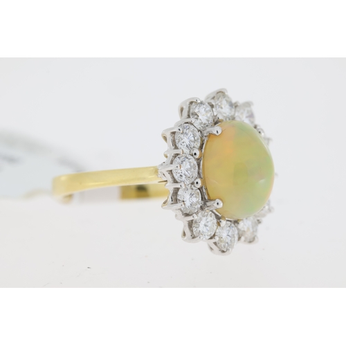 1028 - Opal and Diamond Cluster ring, 18ct yellow & white metal,  Oval opal centre and round brilliant diam... 