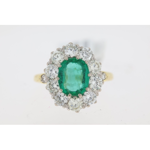 1032 - Fine Emerald and Diamond Cluster Ring, 18ct yellow & white gold, oval cut emerald surrounded by ten ... 