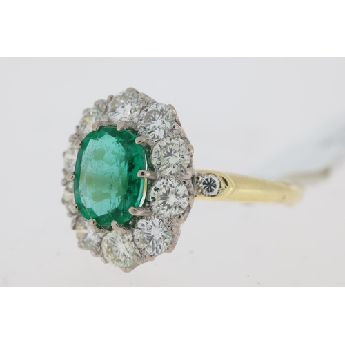 1032 - Fine Emerald and Diamond Cluster Ring, 18ct yellow & white gold, oval cut emerald surrounded by ten ... 