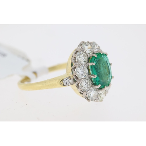 1032 - Fine Emerald and Diamond Cluster Ring, 18ct yellow & white gold, oval cut emerald surrounded by ten ... 