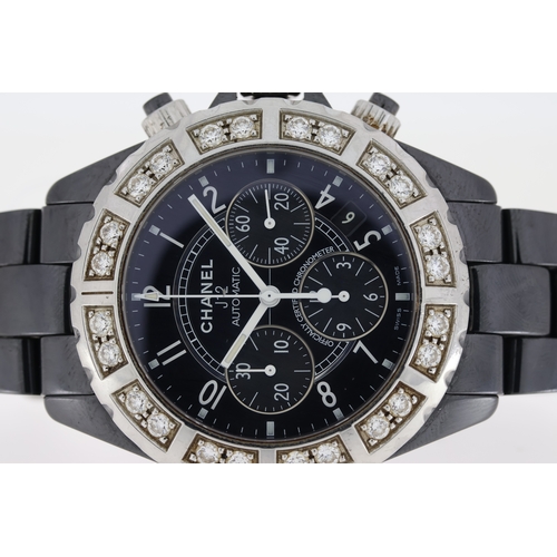 104 - CHANEL J12 AUTOMATIC DIAMOND BEZEL CHRONOGRAPH,  black dial, three sub dials, white hands and numera... 