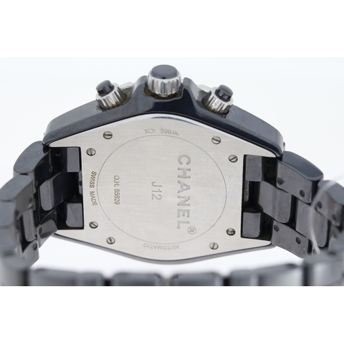 104 - CHANEL J12 AUTOMATIC DIAMOND BEZEL CHRONOGRAPH,  black dial, three sub dials, white hands and numera... 