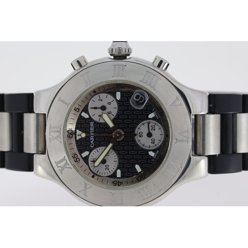 105 - CARTIER 21 CHRONOGRAPH REFERENCE 2424, black dial, three subsidairy dials, stainless steel beel with... 