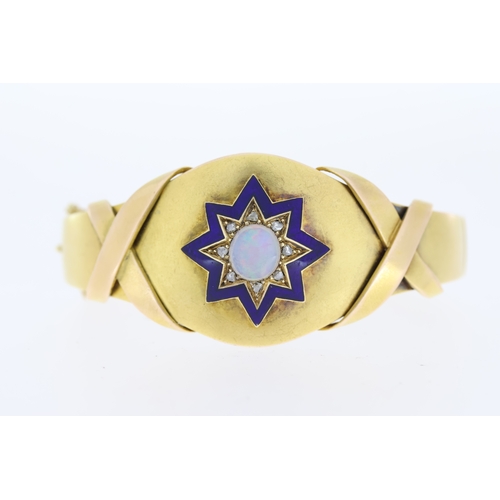 1063 - Victorian Opal Bangle, yellow metal, hinged, bangle with concealed push snap clasp and safety chain.... 