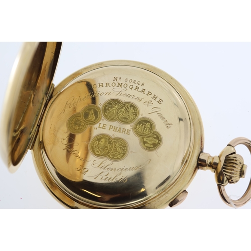 129 - FINE 18CT LE PHARE QUARTER REPEATER CHRONOGRAPH POCKET WATCH, 18K marked case, white dial with Roman... 