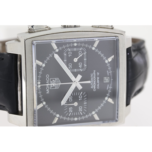 147 - TAG HEUER MONACO CHRONOGRAPH REFERENCE CAW2110 WITH BOX, square gloss black dial with baton hour mar... 