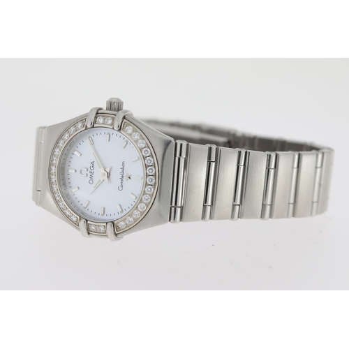 17 - LADIES OMEGA CONSTELLATION DIAMOND SET REFERENCE 1466.71.00 WITH BOX AND PAPERS 2002, mother of pear... 