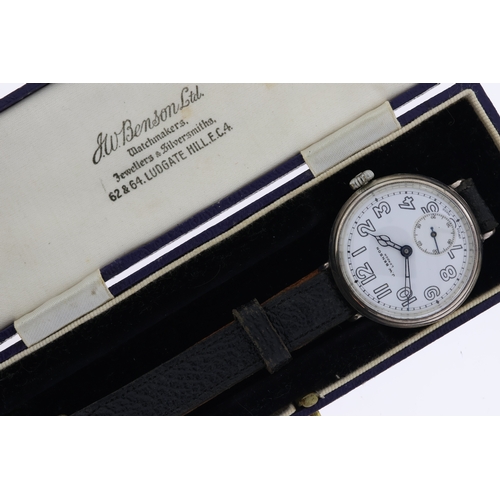 185 - VINTAGE J.W BENSON MECHANICAL WRISTWATCH 925 SILVER WITH BOX, circular gloss white dial with arabic ... 