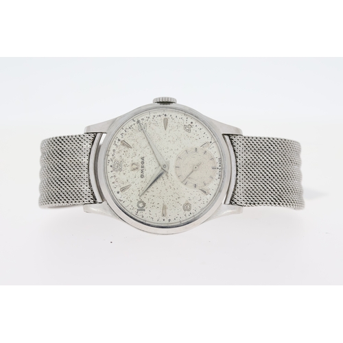 190 - VINTAGE OMEGA MANUAL WIND CIRCA 1950, circular silver dial with arabic numeral hour markers, patina,... 