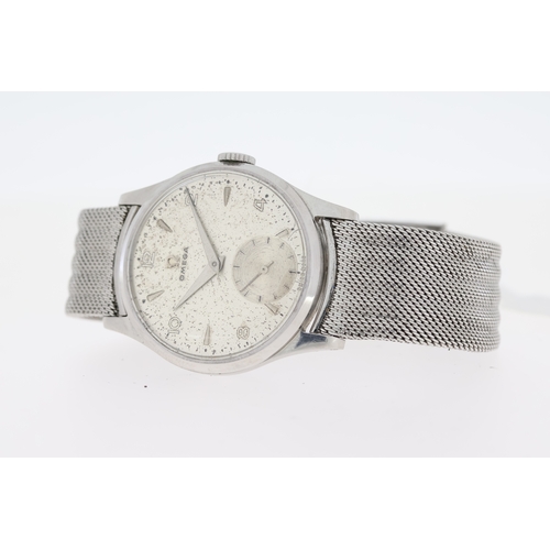 190 - VINTAGE OMEGA MANUAL WIND CIRCA 1950, circular silver dial with arabic numeral hour markers, patina,... 