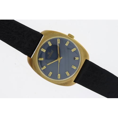 203 - VINTAGE EXCUISIT GOLD PLATED,  blue dial, block hour markers, 34mm, gold plated case, black leather ... 