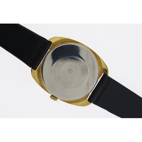 203 - VINTAGE EXCUISIT GOLD PLATED,  blue dial, block hour markers, 34mm, gold plated case, black leather ... 