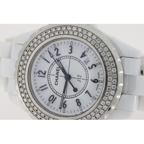 23 - LADIES CHANEL J12 WHITE CERAMIC DIAMOND BEZEL BOX AND PAPERS 2009, circular white dial with arabic n... 