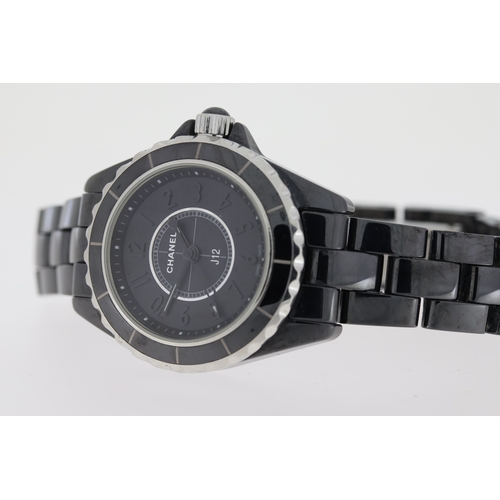 24 - LADIES CHANEL J12 CERAMIC WITH BOX, Approx 29mm black ceramic case with a screw down case back. Fixe... 