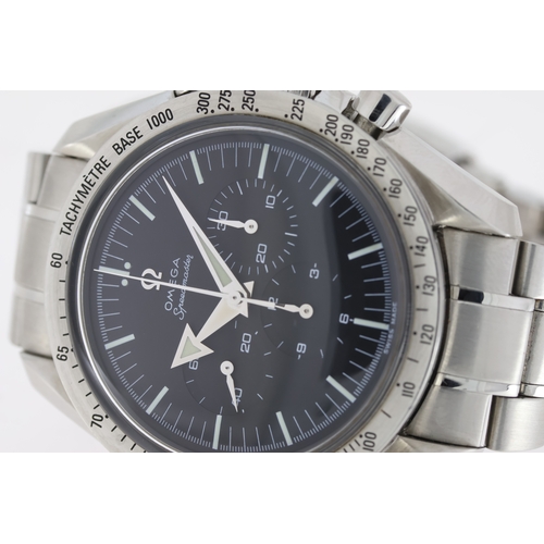 37 - OMEGA SPEEDMASTER '57 REFERENCE 3594.50.00 WITH BOX CIRCA 1998, circular black dial with baton hour ... 