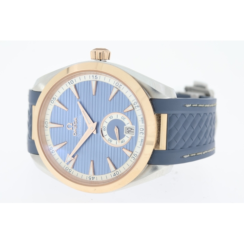 41 - OMEGA AQUA TERRA 150M STEEL AND SEDNA GOLD BOX AND PAPERS 2021, circular light sunburst blue dial wi... 