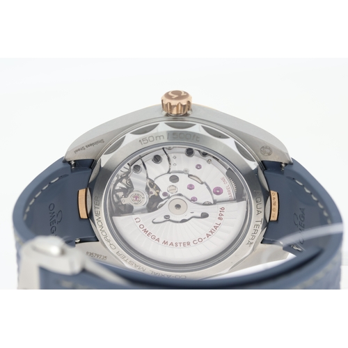 41 - OMEGA AQUA TERRA 150M STEEL AND SEDNA GOLD BOX AND PAPERS 2021, circular light sunburst blue dial wi... 