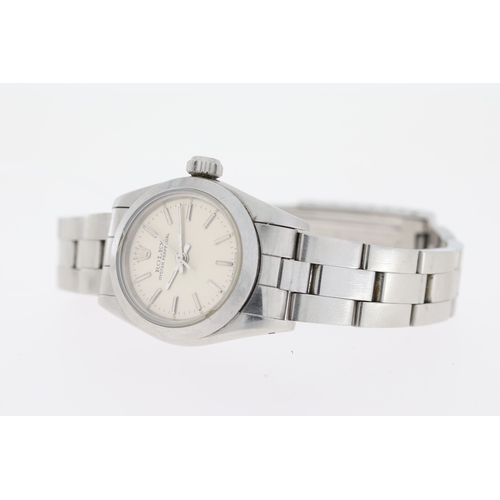 65 - LADIES ROLEX OYSTER PERPETUAL REFERENCE 67180 CIRCA 1987, circular silver dial with baton hour marke... 