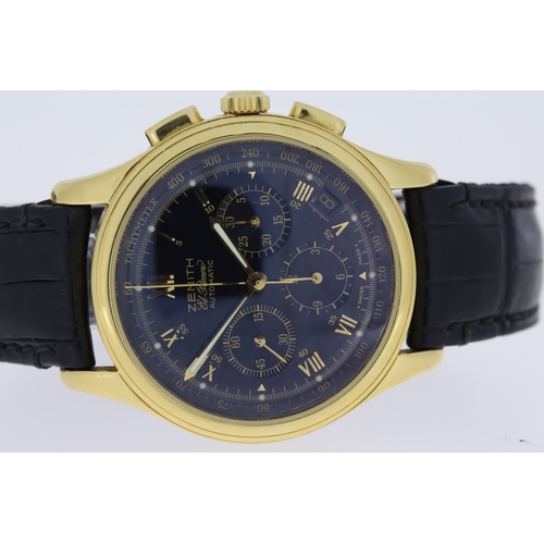 7 - 18CT ZENITH EL PRIMERO REFERENCE 30.0500.400 WITH BOX AND PAPERS 2003, circular black dial with roma... 