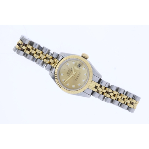 71 - LADIES ROLEX DATEJUST DIAMOND DOT REFERENCE 179173, circular champagne dial with diamond dot hour ma... 