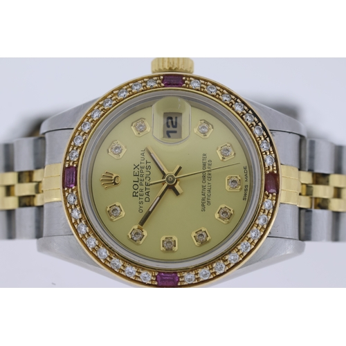 76 - LADIES ROLEX DATEJUST DIAMONDS REFERENCE 79173 CIRCA 1999, circular aftermarket champagne dial with ... 