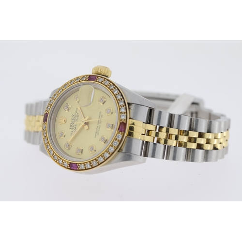 76 - LADIES ROLEX DATEJUST DIAMONDS REFERENCE 79173 CIRCA 1999, circular aftermarket champagne dial with ... 