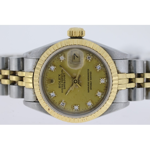 78 - LADIES ROLEX DATEJUST REFERENCE 69173 CIRCA 1987, circular champagne dial with diamond dot hour mark... 