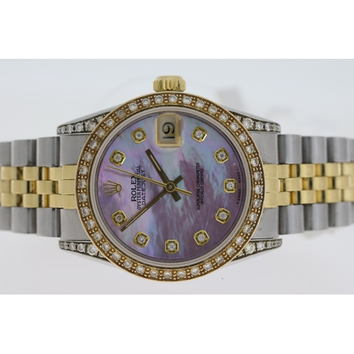 79 - LADIES ROLEX DATEJUST CUSTOM DIAMONDS REFERENCE 68273 CIRCA 1984, circular aftermarket mother of pea... 