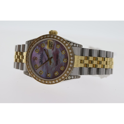 79 - LADIES ROLEX DATEJUST CUSTOM DIAMONDS REFERENCE 68273 CIRCA 1984, circular aftermarket mother of pea... 