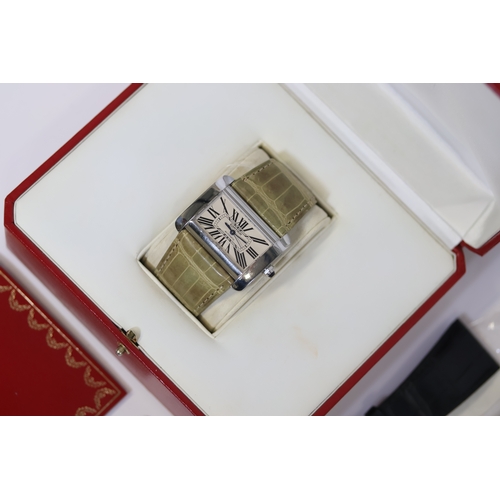 10 - CARTIER TANK DIVAN REFERENCE 2612 WITH BOX AND SPARE STRAP, rectangular silver dial with roman numer... 