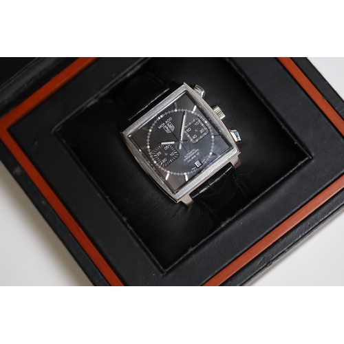 147 - TAG HEUER MONACO CHRONOGRAPH REFERENCE CAW2110 WITH BOX, square gloss black dial with baton hour mar... 