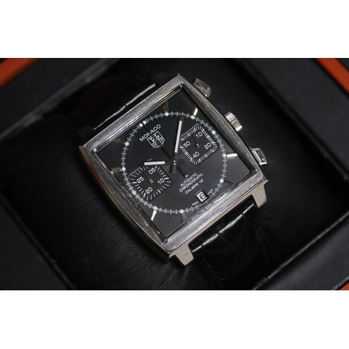 147 - TAG HEUER MONACO CHRONOGRAPH REFERENCE CAW2110 WITH BOX, square gloss black dial with baton hour mar... 