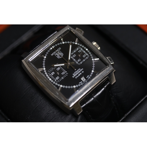 147 - TAG HEUER MONACO CHRONOGRAPH REFERENCE CAW2110 WITH BOX, square gloss black dial with baton hour mar... 