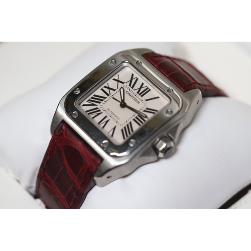 149 - CARTIER SANTOS 100 AUTOMATIC REFERENCE 2878 WITH BOX AND PAPERS 2005, square white dial with roman n... 